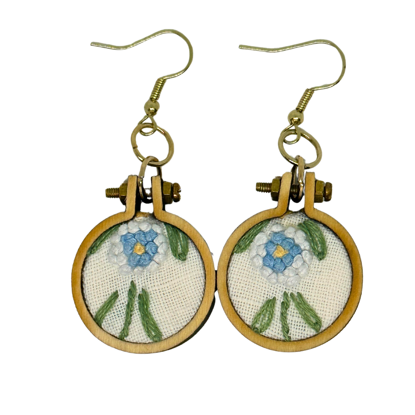 1950s embroidered Linens Upcycled Hoop earrings blue flowers retro 1" diameter and 1-1/2" long