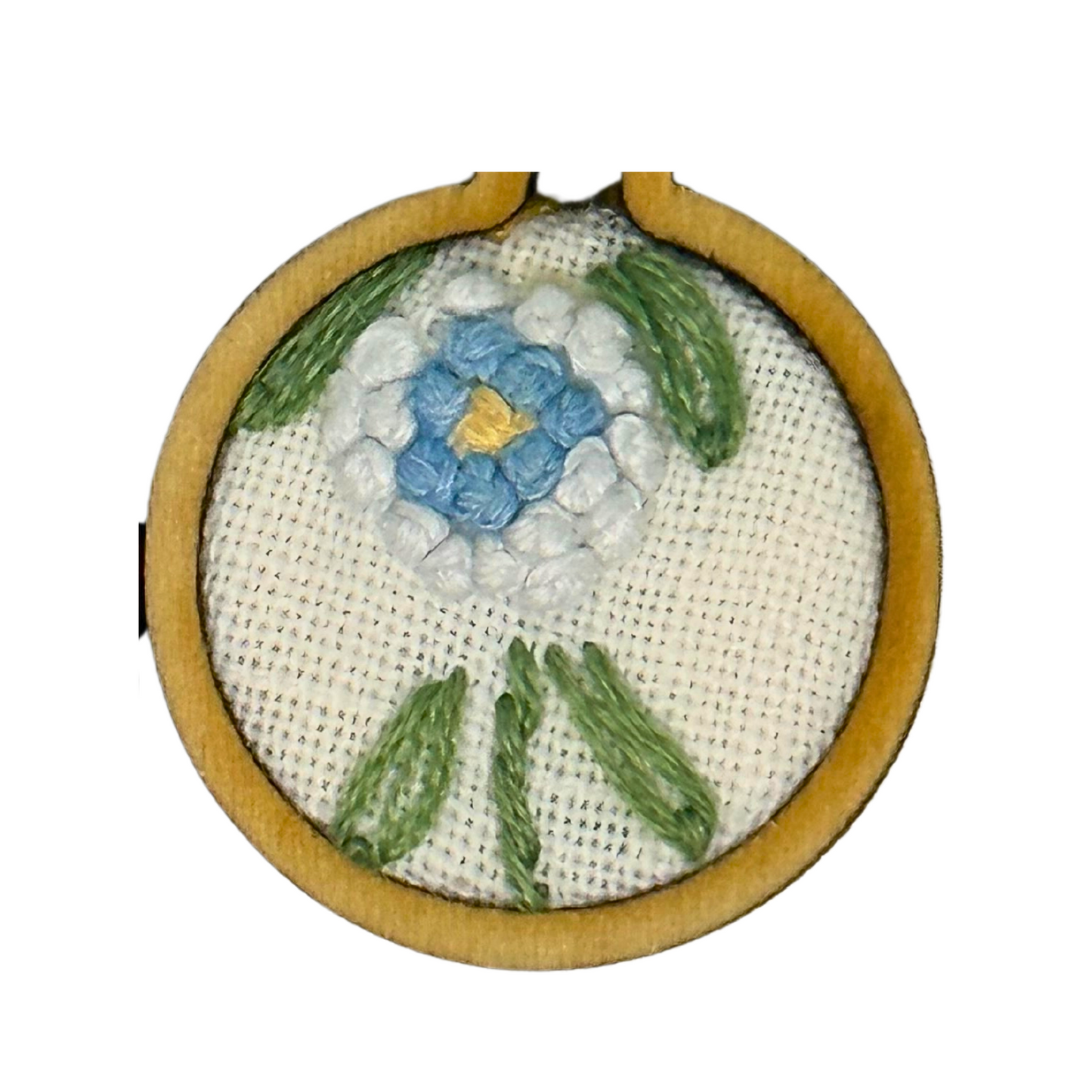 1950s embroidered Linens Upcycled Hoop earrings blue flowers retro 1" diameter and 1-1/2" long