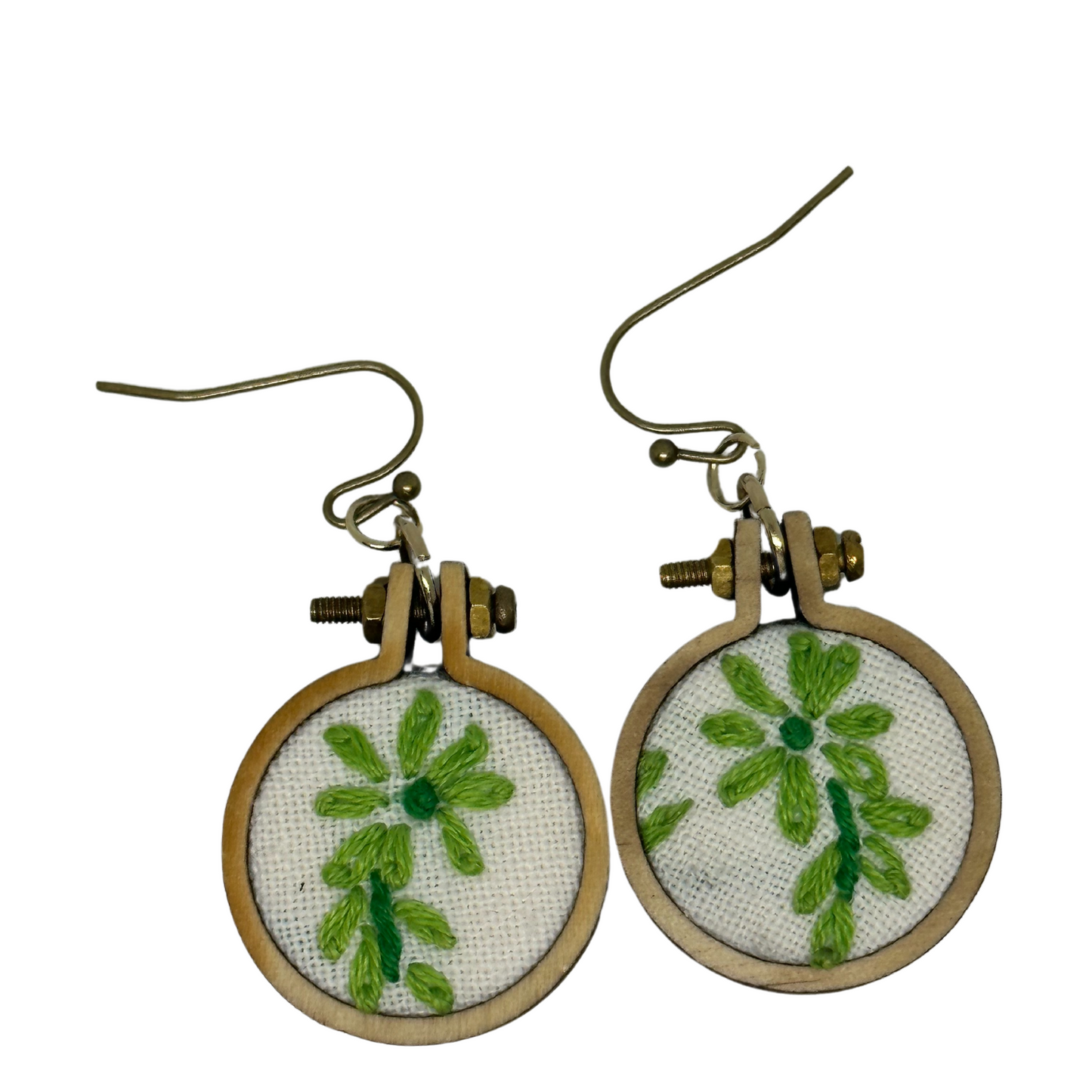 1950s green Flower Embroidered Hoop Earring Upcycled from Vintage Linens 1" diameter 1-1/2" long