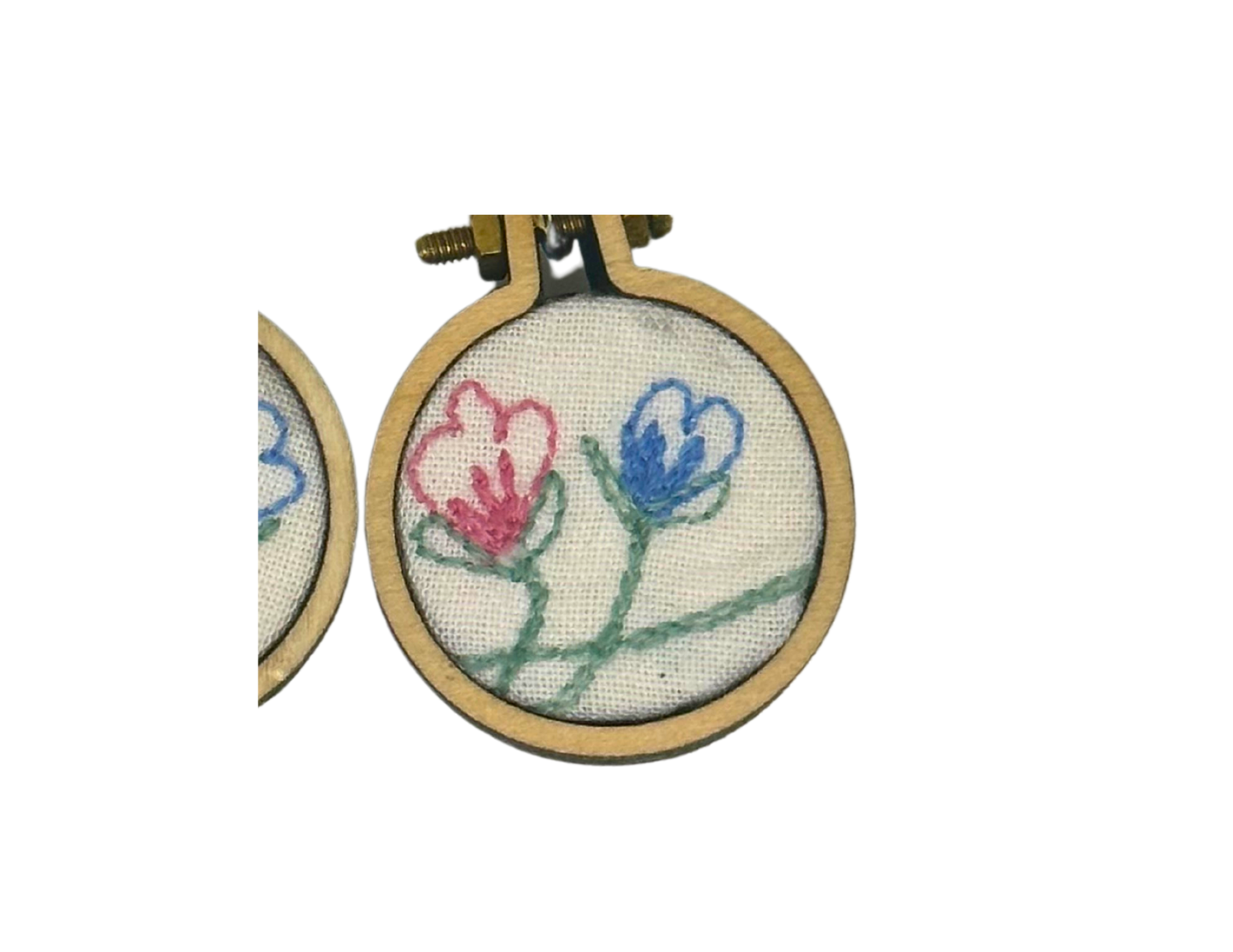 1950s Retro blue and pink flower embroidery hoop 1" diameter earring 1-1/2" long