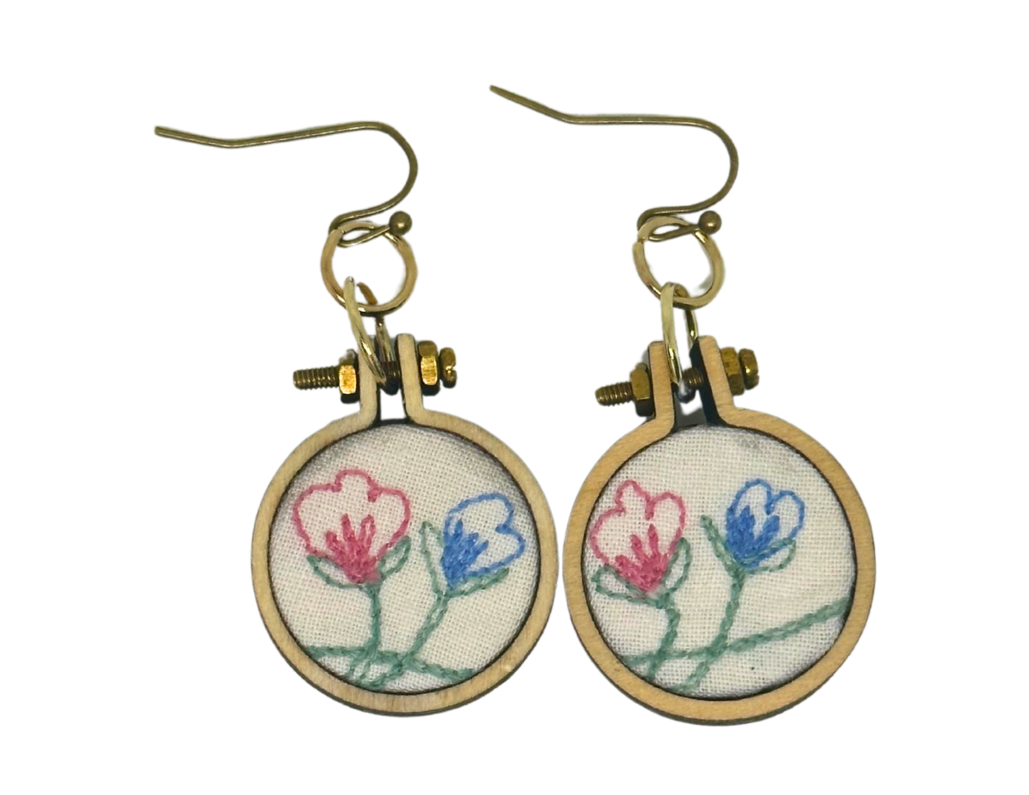 1950s Retro blue and pink flower embroidery hoop 1" diameter earring 1-1/2" long