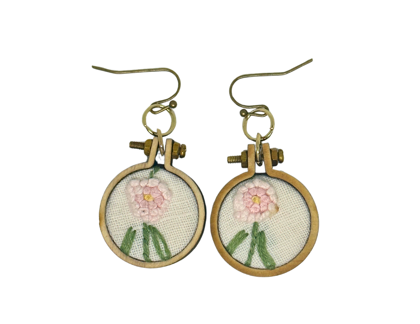 Pink flower 1" embroidery hoop handmade home made earrings retro